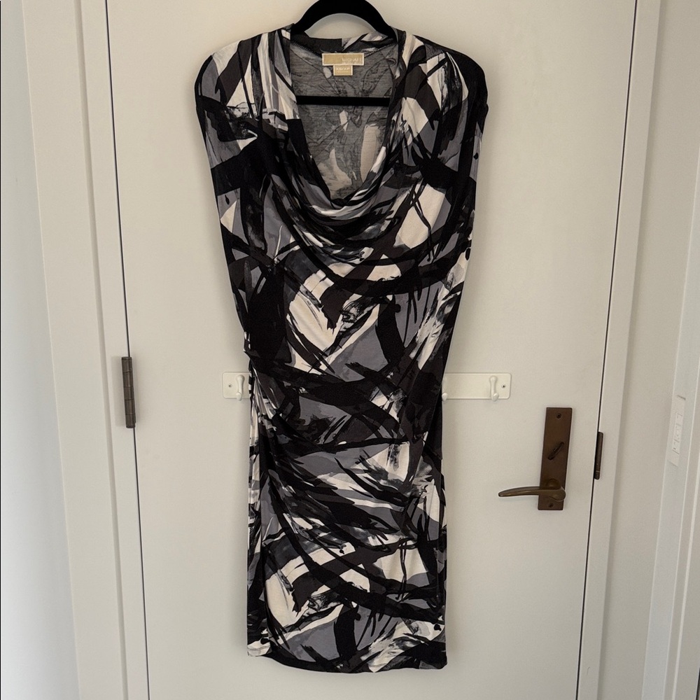 Michael Kors Black and White Abstract Cowl Neck Dress